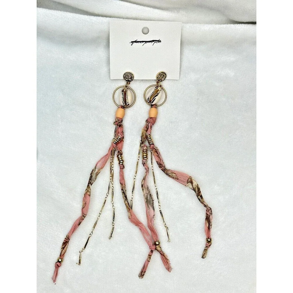 Free People Dangle Earrings Boho Shell Bead Fringe Women Pink Gold Tone Handmade